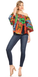 Sakkas Abree Off-shoulder Short Sleeve Blouse Top Ankara Wax Dutch African Print