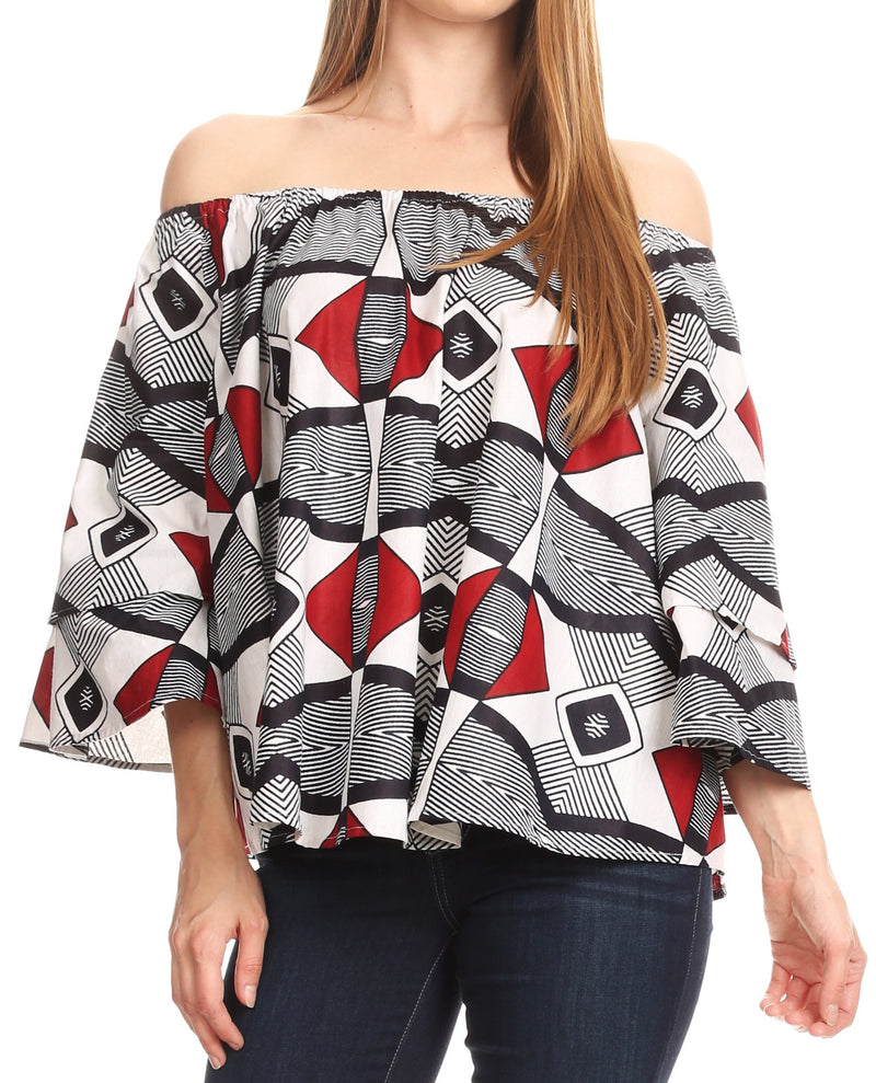 Sakkas Abree Off-shoulder Short Sleeve Blouse Top Ankara Wax Dutch African Print
