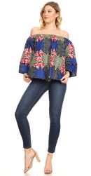 Sakkas Abree Off-shoulder Short Sleeve Blouse Top Ankara Wax Dutch African Print
