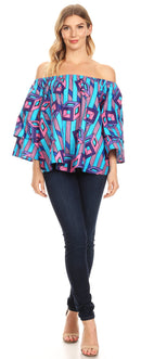 Sakkas Abree Off-shoulder Short Sleeve Blouse Top Ankara Wax Dutch African Print