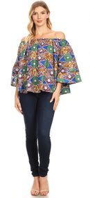 Sakkas Abree Off-shoulder Short Sleeve Blouse Top Ankara Wax Dutch African Print
