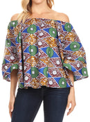 Sakkas Abree Off-shoulder Short Sleeve Blouse Top Ankara Wax Dutch African Print