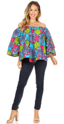 Sakkas Abree Off-shoulder Short Sleeve Blouse Top Ankara Wax Dutch African Print
