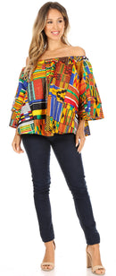 Sakkas Abree Off-shoulder Short Sleeve Blouse Top Ankara Wax Dutch African Print