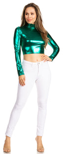 Sakkas Metallic Liquid Mock Neck Turtleneck Long Sleeve Crop Top - Made in USA