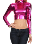 Sakkas Metallic Liquid Mock Neck Turtleneck Long Sleeve Crop Top - Made in USA#color_Pink