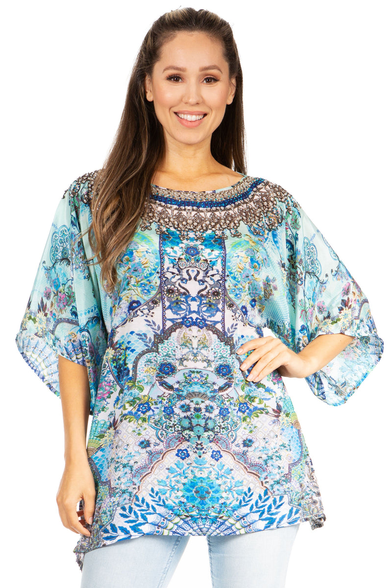 Sakkas Marina Women's Casual Short Sleeve Blouse Top Tunic Loose Floral Round Neck
