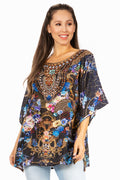 Sakkas Marina Women's Casual Short Sleeve Blouse Top Tunic Loose Floral Round Neck#color_555-Black