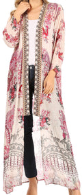 Sakkas Iona Women's Casual Boho Long Kimono Cardigan Open Front Floral Print Loose#color_495