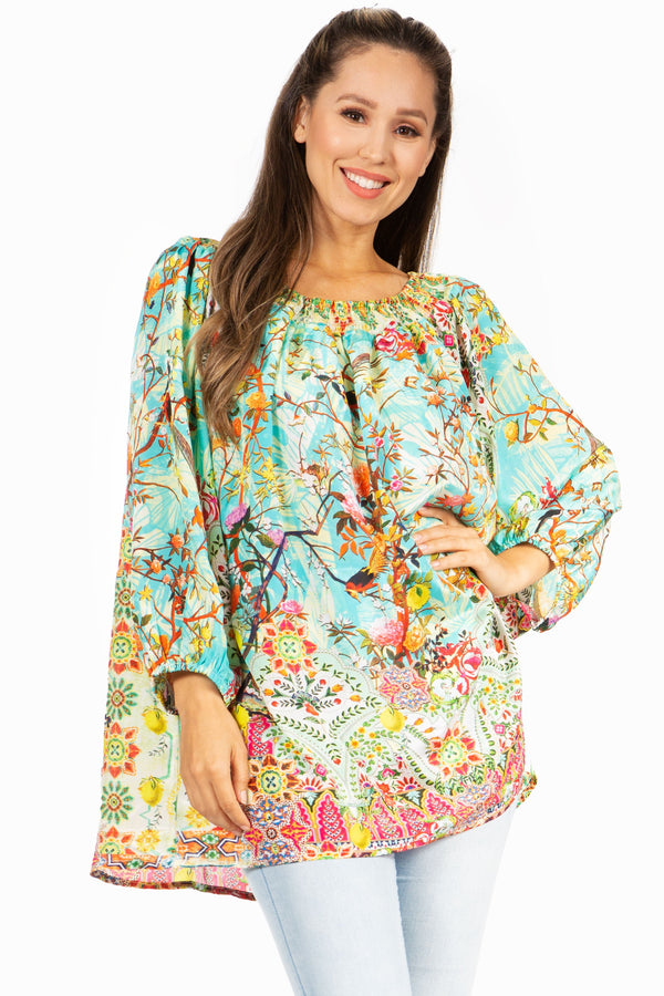 Sakkas Darsy Women's Pirate Boho Loose Floral Print Top Blouse Long Sleeve Trendy#color_559-Turquoise