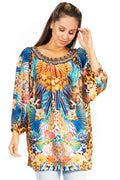 Sakkas Darsy Women's Pirate Boho Loose Floral Print Top Blouse Long Sleeve Trendy#color_561-Blue