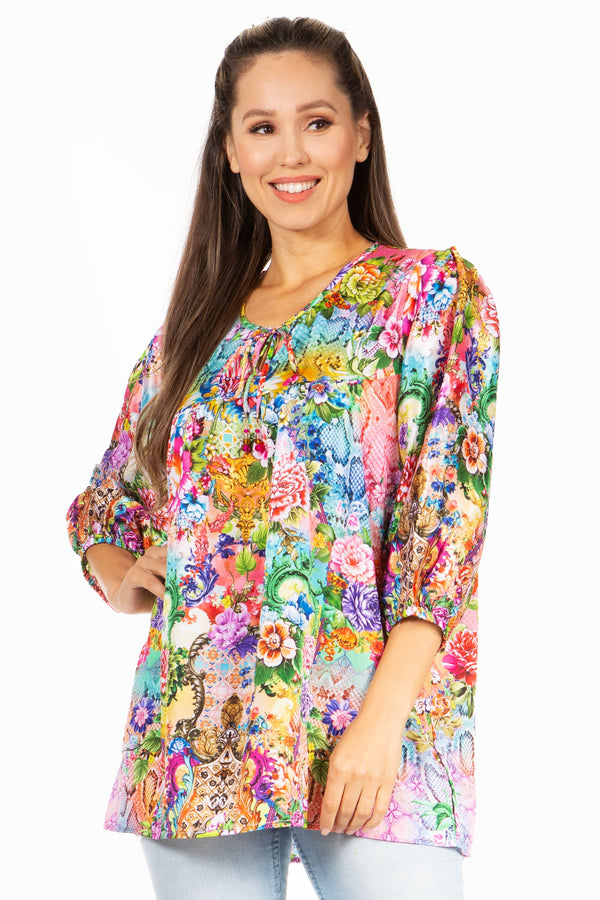 Sakkas Ligia Women's 3/4 Sleeve Casual Floral Loose Tunic Blouse Shirt Round Neck#color_550-Multi