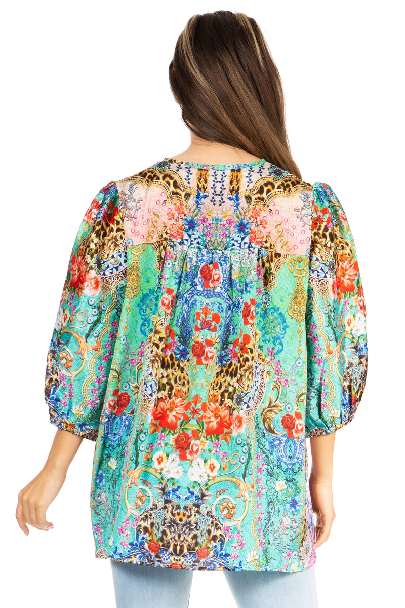 Sakkas Ligia Women's 3/4 Sleeve Casual Floral Loose Tunic Blouse Shirt Round Neck