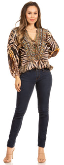 Sakkas Sante Women's Boho Loose V neck Long Sleeve Elastic Tunic Top Blouse Floral