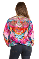 Sakkas Sante Women's Boho Loose V neck Long Sleeve Elastic Tunic Top Blouse Floral