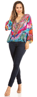 Sakkas Sante Women's Boho Loose V neck Long Sleeve Elastic Tunic Top Blouse Floral