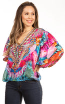 Sakkas Sante Women's Boho Loose V neck Long Sleeve Elastic Tunic Top Blouse Floral