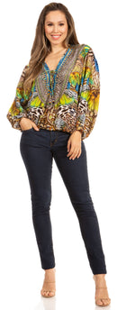 Sakkas Sante Women's Boho Loose V neck Long Sleeve Elastic Tunic Top Blouse Floral