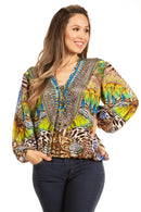 Sakkas Sante Women's Boho Loose V neck Long Sleeve Elastic Tunic Top Blouse Floral