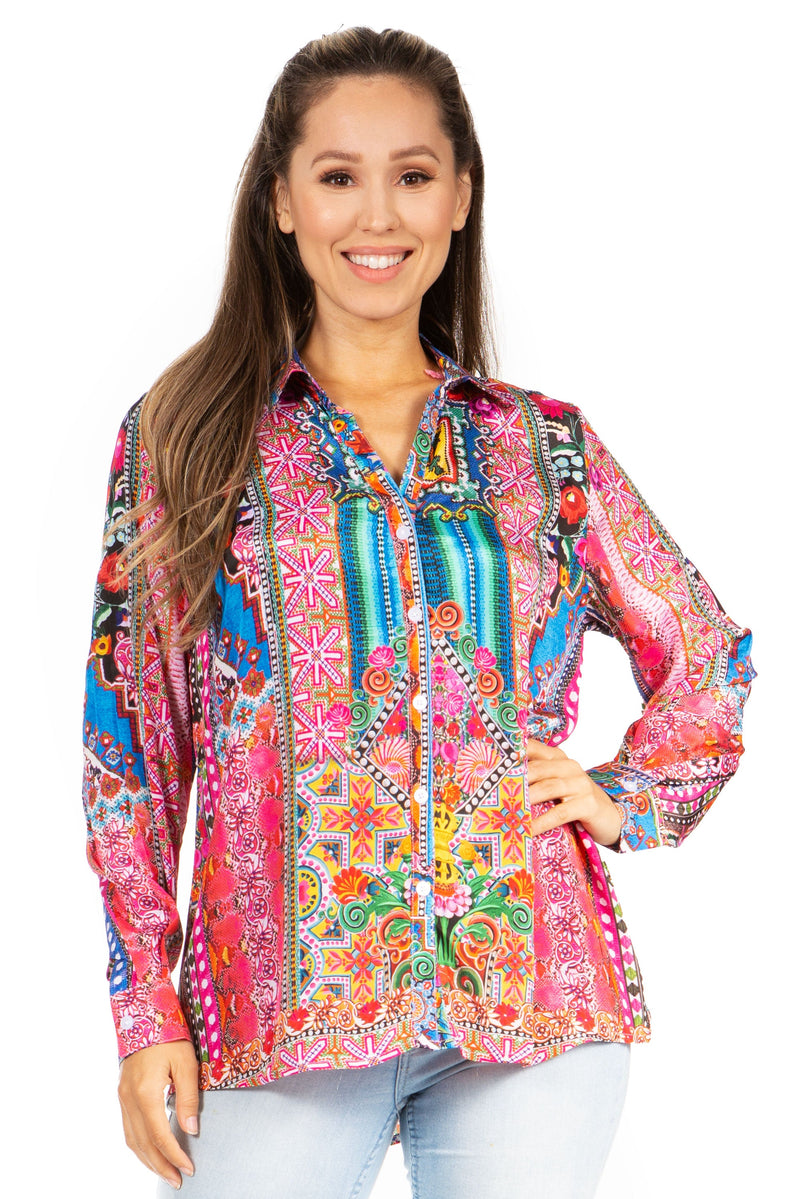 Sakkas Iriss Women's Long Sleeve Button Down Blouse Top Shirt Floral Boho Casual