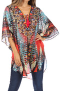 Sakkas Sloane Women's Printed V Neck Loose Fit Casual Circle Top Blouse with Ties#color_AM107-Multi