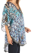 Sakkas Sloane Women's Printed V Neck Loose Fit Casual Circle Top Blouse with Ties