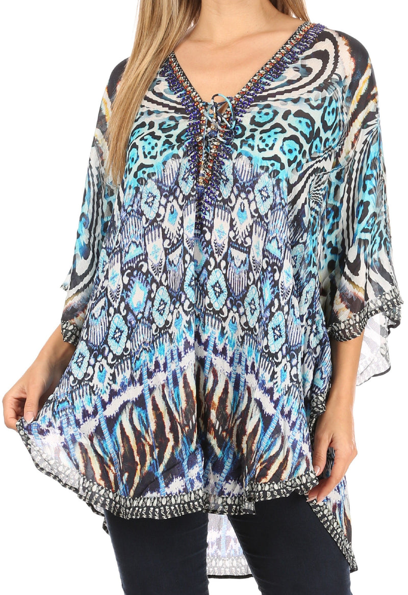 Sakkas Sloane Women's Printed V Neck Loose Fit Casual Circle Top Blouse with Ties