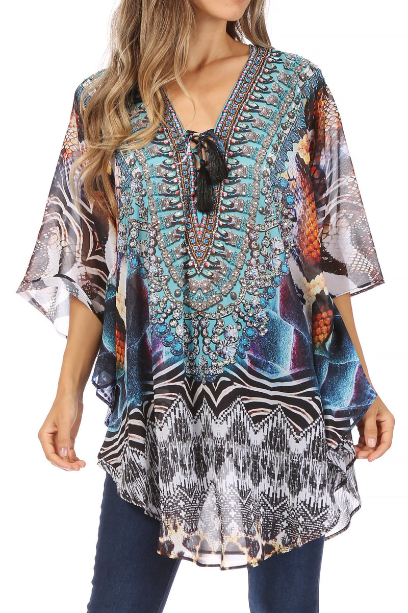 Sakkas Sloane Women's Printed V Neck Loose Fit Casual Circle Top Blouse with Ties