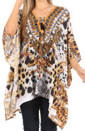 Sakkas Aymee Women's Caftan Poncho Cover up V neck Top Lace up With Rhinestone#color_CTM312-Multi