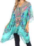 Sakkas Aymee Women's Caftan Poncho Cover up V neck Top Lace up With Rhinestone#color_ETU227-Turquoise
