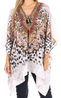 Sakkas Aymee Women's Caftan Poncho Cover up V neck Top Lace up With Rhinestone#color_EW284-White