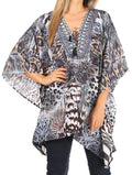Sakkas Aymee Women's Caftan Poncho Cover up V neck Top Lace up With Rhinestone#color_EW309-White