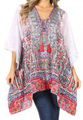 Sakkas Aymee Women's Caftan Poncho Cover up V neck Top Lace up With Rhinestone#color_FOW210-White
