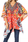 Sakkas Aymee Women's Caftan Poncho Cover up V neck Top Lace up With Rhinestone#color_IR2-Red