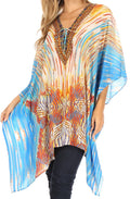 Sakkas Aymee Women's Caftan Poncho Cover up V neck Top Lace up With Rhinestone#color_LM98-Multi