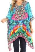 Sakkas Aymee Women's Caftan Poncho Cover up V neck Top Lace up With Rhinestone#color_SB57-Blue