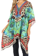 Sakkas Aymee Women's Caftan Poncho Cover up V neck Top Lace up With Rhinestone#color_ST49-Turquoise