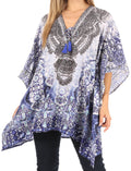 Sakkas Aymee Women's Caftan Poncho Cover up V neck Top Lace up With Rhinestone#color_TB269-Blue