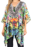 Sakkas Aymee Women's Caftan Poncho Cover up V neck Top Lace up With Rhinestone#color_TLM280-Multi