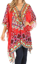 Sakkas Aymee Women's Caftan Poncho Cover up V neck Top Lace up With Rhinestone#color_TRR1-Red