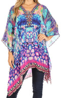 Sakkas Aymee Women's Caftan Poncho Cover up V neck Top Lace up With Rhinestone#color_WB43-Blue