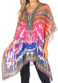 Sakkas Aymee Women's Caftan Poncho Cover up V neck Top Lace up With Rhinestone#color_WM111-Multi