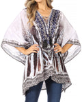 Sakkas Aymee Women's Caftan Poncho Cover up V neck Top Lace up With Rhinestone#color_ZW129-White