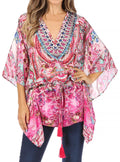 Sakkas Danis Women's Oversized Casual Pullover V-neck Short Sleeve Boho Top Blouse#color_ORPI272-Pink