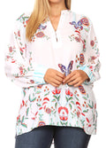 Sakkas Fara Women's Casual Floral Print Lightweight Long Sleeve Blouse Tunic Top #color_FLW244-White