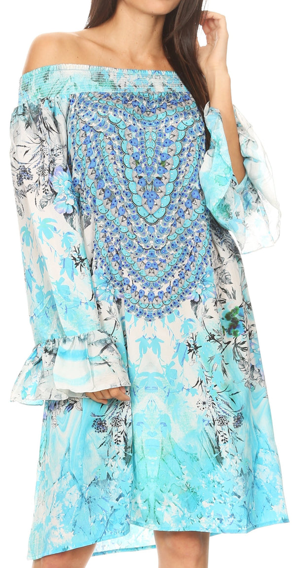 Sakkas Riza Women's Off Shoulder Long Sleeve Tunic Shirt Short Dress with Print#color_FTU294-Turquoise