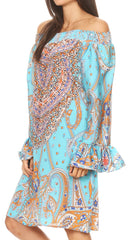Sakkas Riza Women's Off Shoulder Long Sleeve Tunic Shirt Short Dress with Print
