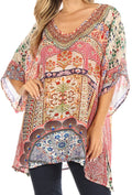 Sakkas Tanya Women's Short Sleeve Floral Print Loose Blouse Tunic V-neck Silky#color_TM382-Multi