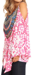 Sakkas Bosede Off Shoulder Bell Sleeve Casual Top Blouse w/Print and Rhimestones