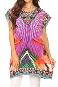 Sakkas Lesedi Top Blouse With Cap Sleeves Colorful Print and Rhinestones#color_17231-Purple/parrot